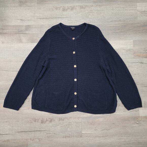 J Jill Wearever Collection Cardigan Sweater 2X Navy Blue Gold Button Waffle Knit - Picture 1 of 7